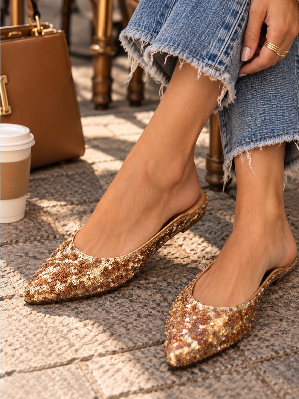 Katy Perry Gold Mermaid Sequin Pointed Toe Mule Flats Slip On Sparkle Glam Shoes
